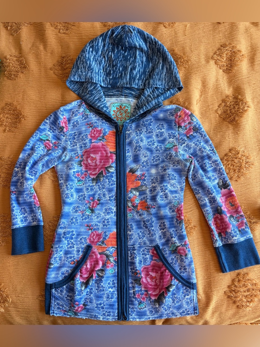 🦋 Free People blue floral 3/4 sleeve thermal zip hoodie Y2K